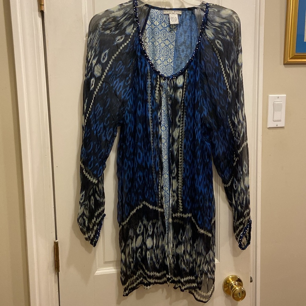 Alberto Makali Long Cardigan Blouse with Chiffon Overlay